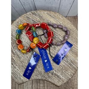 Clay Bead Bracelets Set of 3 Colorful Bracelets Stretch Boho Red Square Lavender